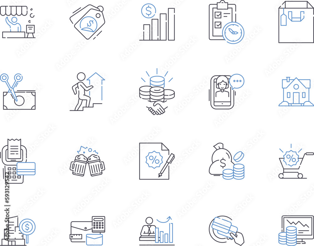Trade and profit outline icons collection. Trading, Profit, Exchange, Commerce, Bargain, Invest, Gains vector and illustration concept set. Merchandise, Profits, Obtain linear signs