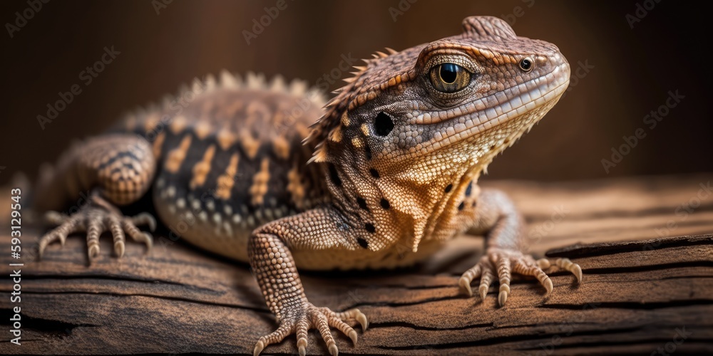 Fototapeta premium Viviparous lizard close up. Brown beautiful lizard on a wooden background macro photography. Lizard is sitting on a tree. Generative AI