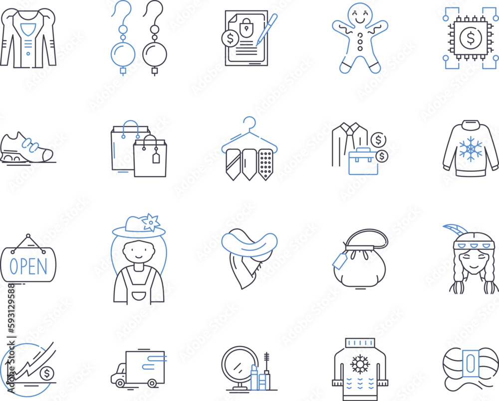 Fashion production outline icons collection. Clothing, Manufacture, Outfit, Design, Runway, Apparel, Cutting vector and illustration concept set. Styling, Textiles, Garment linear signs