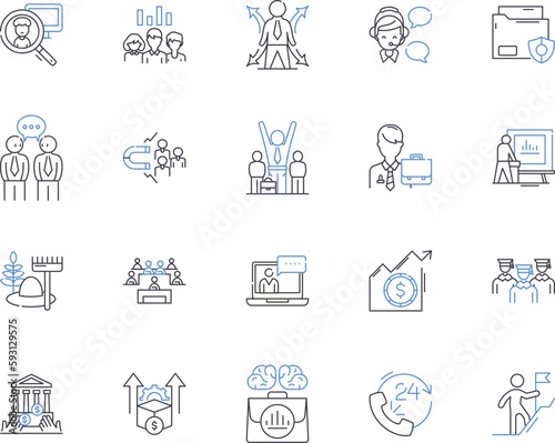 Employee effectiveness outline icons collection. Productivity, Efficiency, Performance, Quality, Output, KPI, Skilled vector and illustration concept set. Motivation, Reliability, Accuracy linear