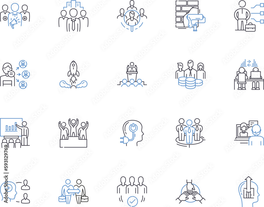 Team collaboration outline icons collection. Cooperation, Collaboration, Networking, Unify, Co-Ordinate, Syndication, Interact vector and illustration concept set. Unionize, Aggregate, Cooperative