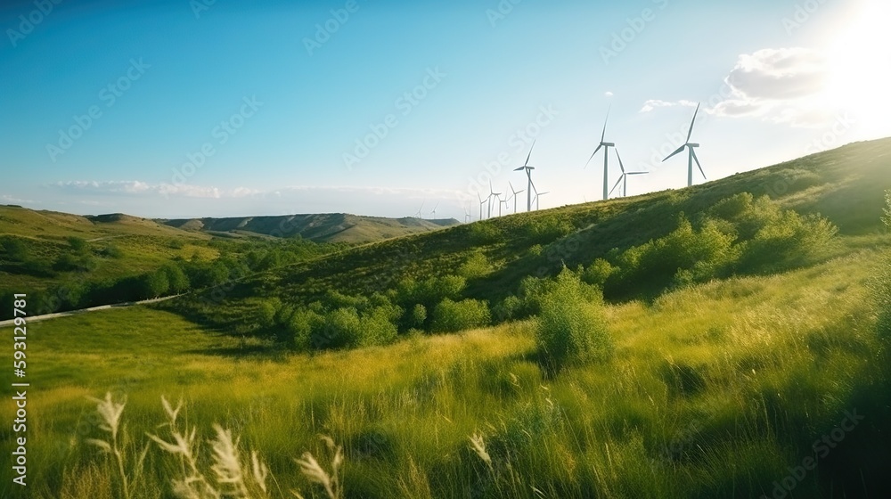 Power generating windmills on green hills. Renewable energy concept. Generative AI Power generating windmills on green hills. Renewable energy concept. Generative AI