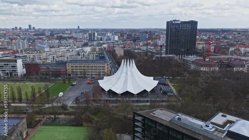 Drone shot of Tempodrom Berlin ( Neues Tempodrom ) in the Kreuzberg neighborhood , Berlin , Germany photo