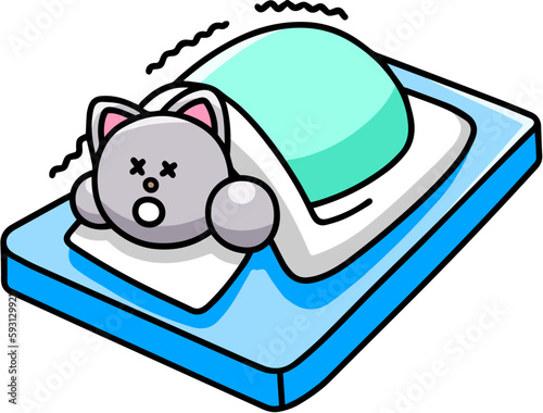 布団に入って寒さに耐えるにゃんまるのイラスト　猫