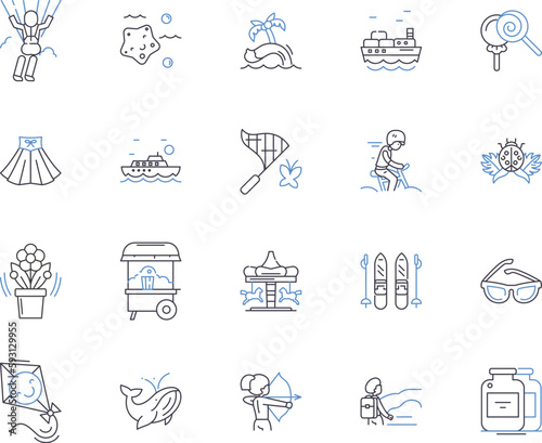 Summer andactivities outline icons collection. Swimming, Hiking, Camping, Boating, Surfing, Fishing, Kayaking vector and illustration concept set. Biking, Climbing, Sunbathing linear signs