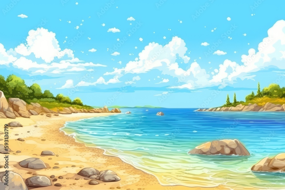 serene beach landscape with rocky formations and calm waters. Generative AI