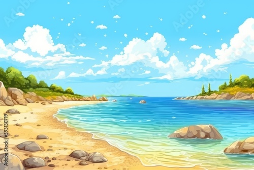 serene beach landscape with rocky formations and calm waters. Generative AI