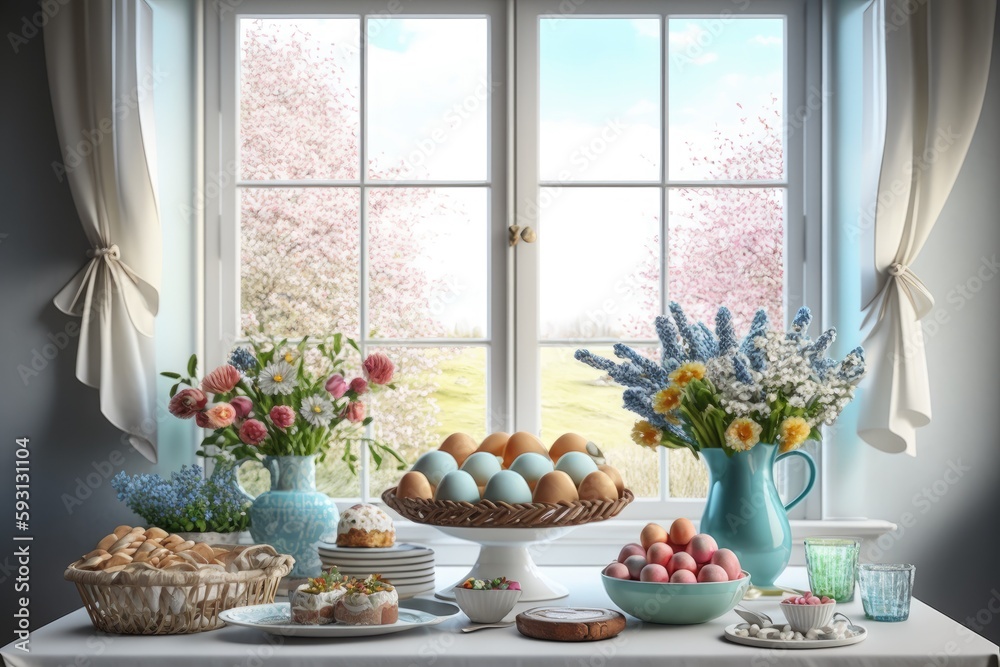 Easter brunch table decor. Decor for the family's Easter celebration. Spring flowers and an egg basket. Kids' meals include bread, croissants, and fruit. Decorated kitchen window with eggs and pastel Easter brunch table decor. Decor for the family's Easter celebration. Spring flowers and an egg basket. Kids' meals include bread, croissants, and fruit. Decorated kitchen window with eggs and pastel