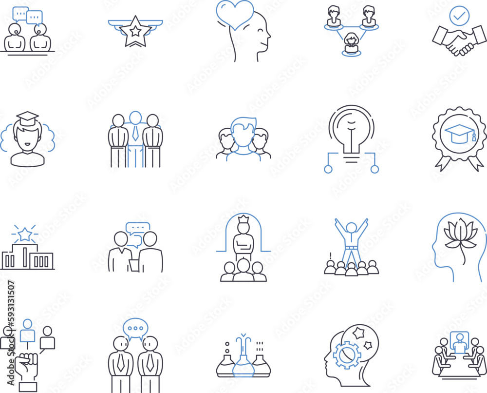 Training and business outline icons collection. Training, Business, Coaching, Education, Development, Workshop, Learning vector and illustration concept set. Courses, Consulting, Facilitation linear