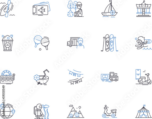 Outdoor leisure outline icons collection. Hiking, Camping, Climbing, Backpacking, Kayaking, Canoeing, Fishing vector and illustration concept set. Swimming, Skating, Surfing linear signs