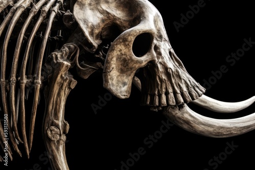 a realistic woolly mammoth's skeleton as viewed from the side. black as the background. Generative AI