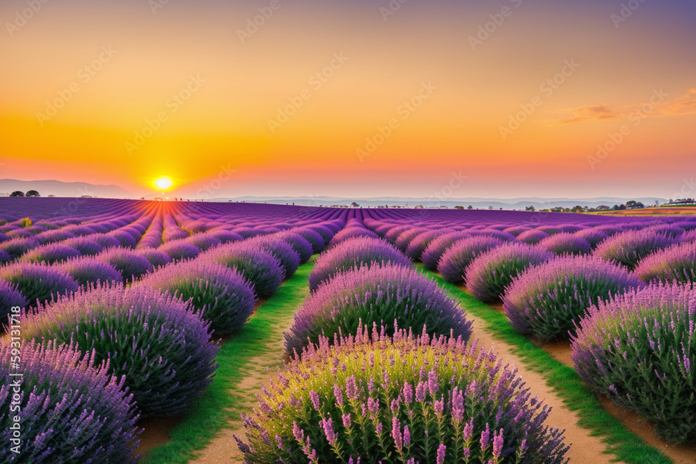 A lavender field at sunset. Generative AI A lavender field at sunset. Generative AI