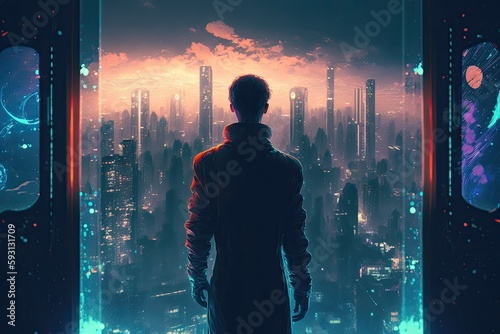 a man standing on a balcony looking out into a futuristic metropolis with bright lighting in a digital art style. Generative AI © Lasvu