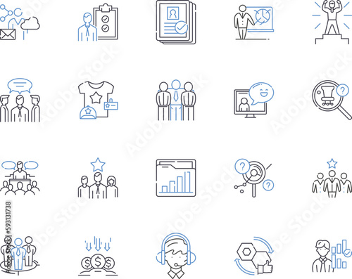 Talent management outline icons collection. Talent, Management, Recruitment, Retention, Engagement, Hiring, Performance vector and illustration concept set. Assessment, Succession, Training linear