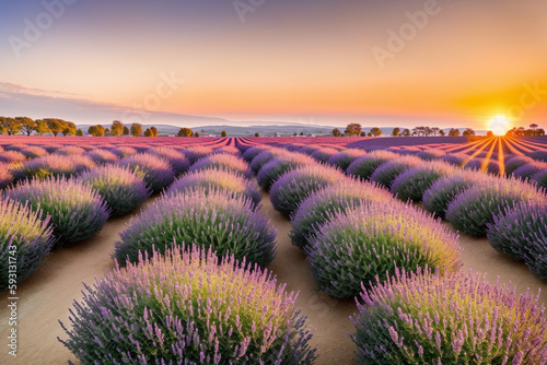 A lavender field at sunset. Generative AI