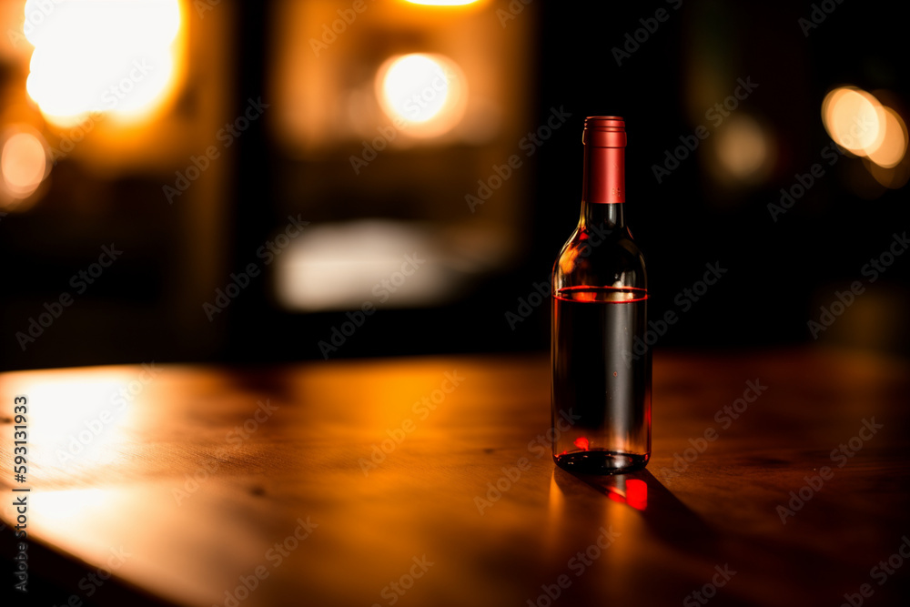 bottle of red wine on a wooden surface. Generative AI
