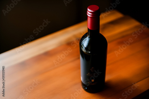 bottle of red wine on a wooden surface. Generative AI