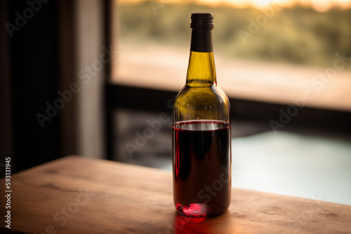 bottle of red wine on a wooden surface. Generative AI