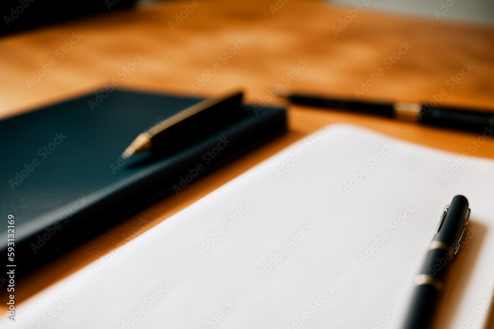 Desk with pad of paper and pen on top. Generative AI Desk with pad of paper and pen on top. Generative AI
