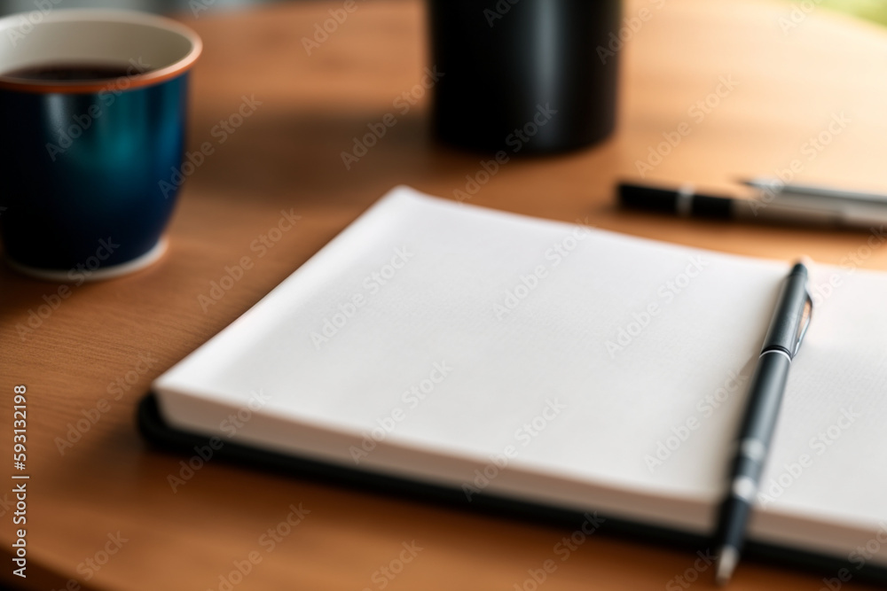 Desk with pad of paper and pen on top. Generative AI Desk with pad of paper and pen on top. Generative AI