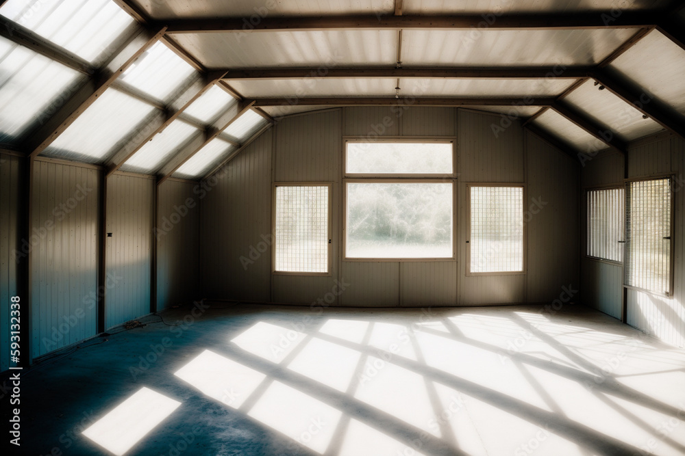 Empty shed with windows. Generative AI
