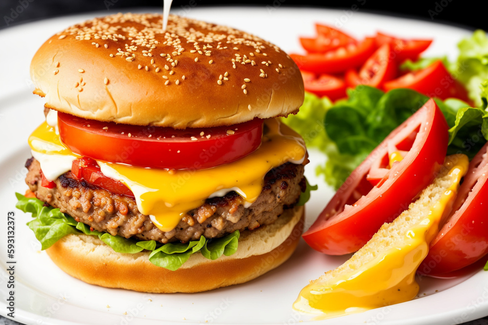 Gourmet burger A juicy gourmet burger with lettuce, tomato, cheese, and bacon, served on a white plate. Generative AI Gourmet burger A juicy gourmet burger with lettuce, tomato, cheese, and bacon, served on a white plate. Generative AI