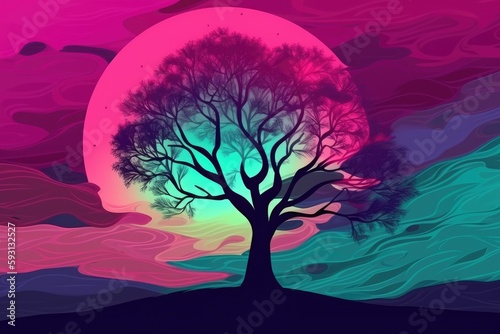 majestic tree under the glowing light of a full moon. Generative AI © 2rogan