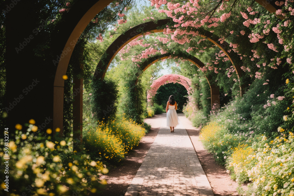 Trail under a beautiful arch of flowers and plants. Generative AI