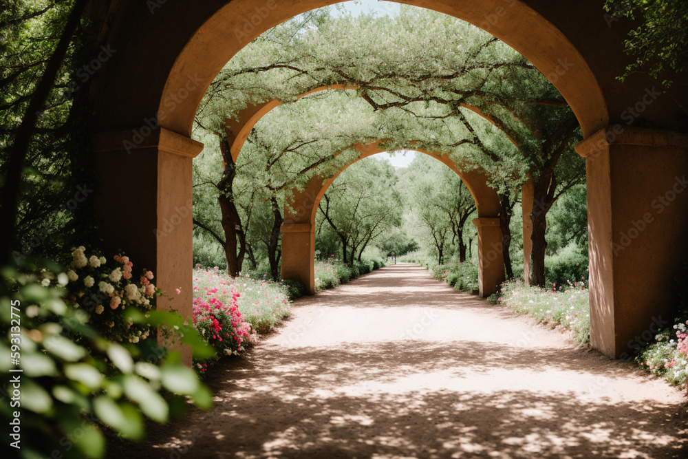Fototapeta premium Trail under a beautiful arch of flowers and plants. Generative AI