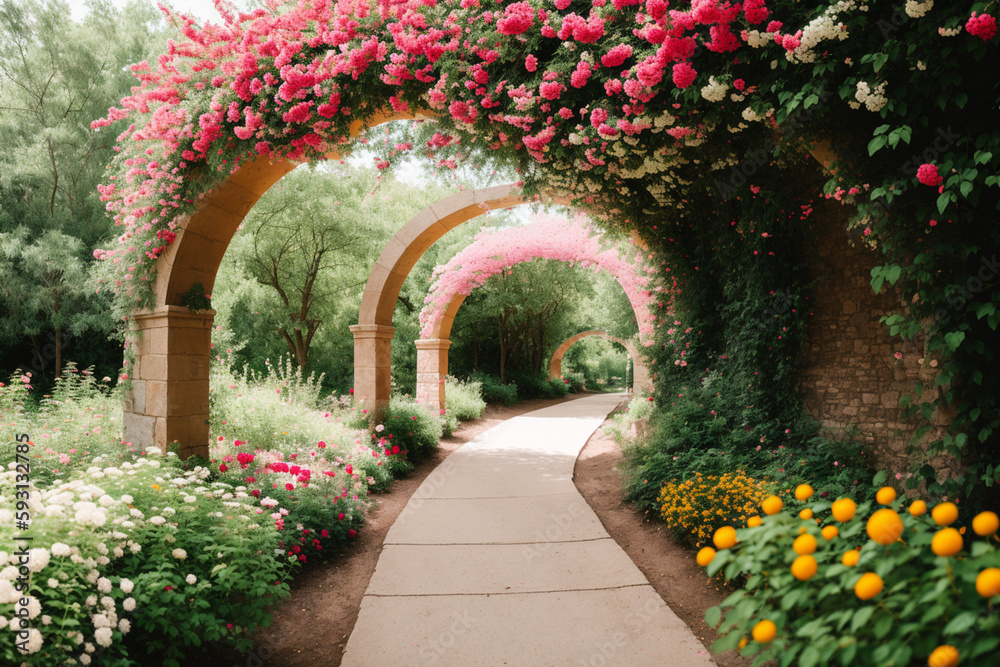 Fototapeta premium Trail under a beautiful arch of flowers and plants. Generative AI