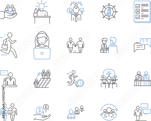 Company office outline icons collection. Office, Company, Business, Building, Space, Room, Suite vector and illustration concept set. Desk, Chair, Computer linear signs