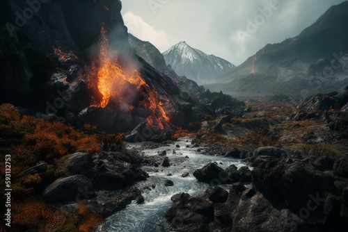 impressive rocky mountain and cliff with a river of lava flowing over it. Generative AI
