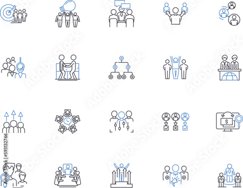 Conference outline icons collection. Meeting, Event, Gathering, Seminar, Summit, Forum, Retreat vector and illustration concept set. Assembly, Symposium, Expo linear signs photo