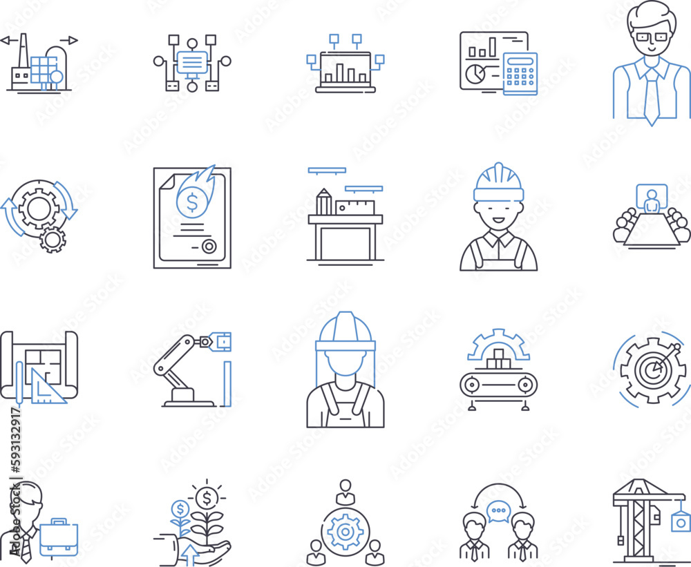 Industrial enterprise outline icons collection. Factory, Enterprise, Industry, Manufacturer, Business, Plant, Conglomerate vector and illustration concept set. Corporation, Company, Mill linear signs