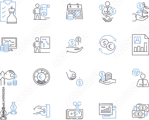 Investment office outline icons collection. Investment, Office, Banking, Finance, Securities, Stocks, Share vector and illustration concept set. Equity,Funds,Interest linear signs
