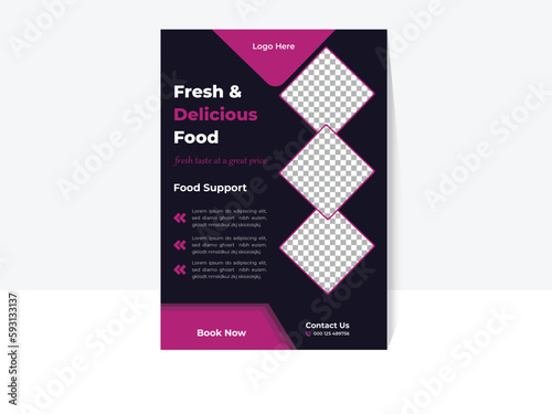 Fast food restaurant business marketing social media post or web banner template design with abstract background, logo and icon, in pink and dark blue background, ads, templates, cover design.