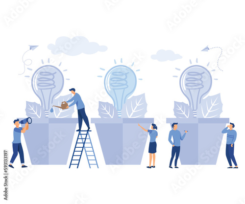 people grow potted plants. business concept analysis. graphic design idea of project activity, flat vector modern illustration