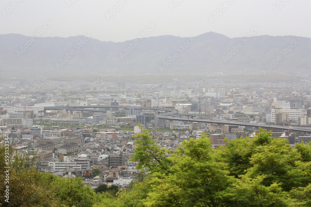 Smog accumulated over Kyoto city in Japan.