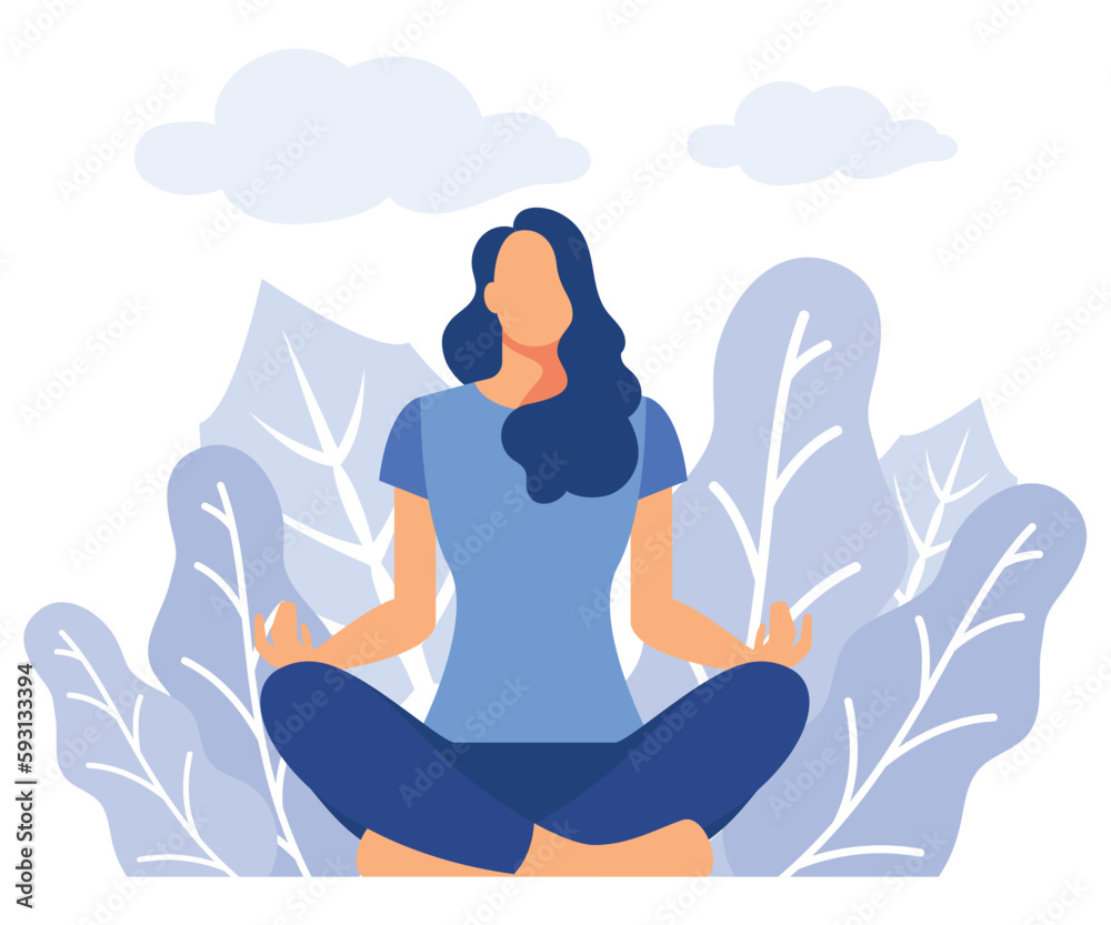 the concept of meditation, the health benefits for the body, mind and emotions, the inception and the search for ideas, flat vector modern illustration