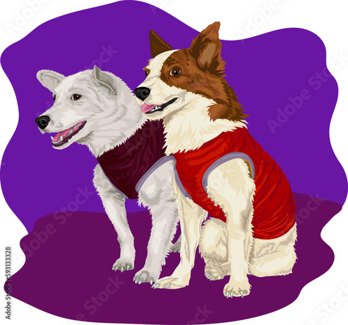 Vector illustration of astronaut dogs Belka and Strelka. 
Mongrel wearing jacket. Vector illustration of a dogs in doggy jacket. Mongrel vector graphic.
