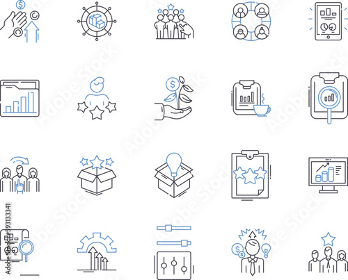 Business evaluation outline icons collection. Business, Evaluation, Rating, Analysis, Assess, Measure, Investigate vector and illustration concept set. Review, Examine, Appraise linear signs