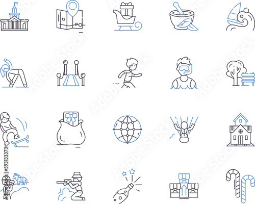 Recreational pursuits outline icons collection. Hobby, Sport, Games, Camping, Fishing, Hiking, Skiing vector and illustration concept set. Boating, Surfing, Swimming linear signs