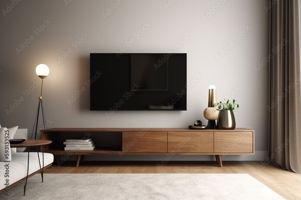 modern living room minimalist living room decor with TV cabinet on white wall, Generative AI