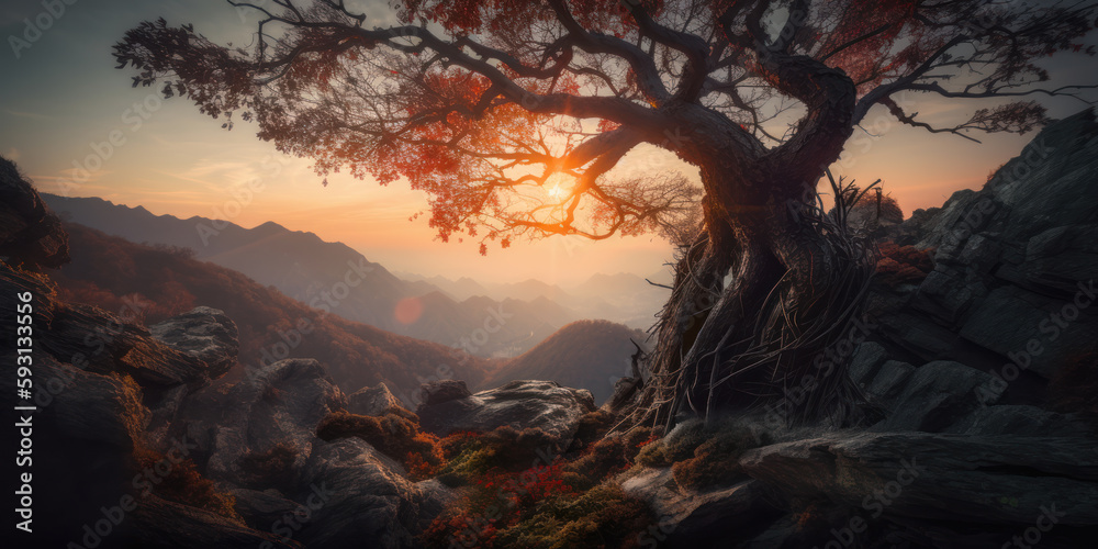 Ancient tree in the rays of dawn on the edge of a cliff. AI generation