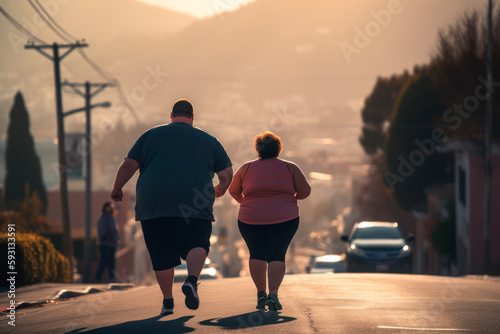 Overweight couple running in the street, weight loss concept. Generative AI