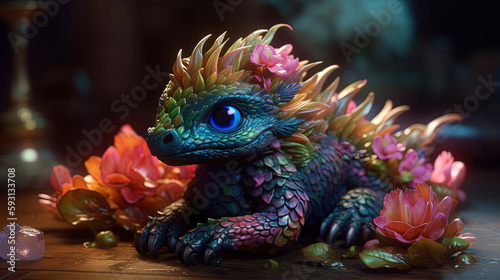 Dragon illustration with flower. Generative AI. © Absent Satu