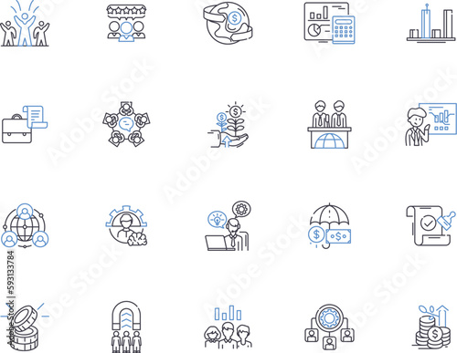 Global business outline icons collection. International, Commerce, Management, Economy, Intercontinental, Investment, Transnational vector and illustration concept set. Trade, Strategies, Cross-border