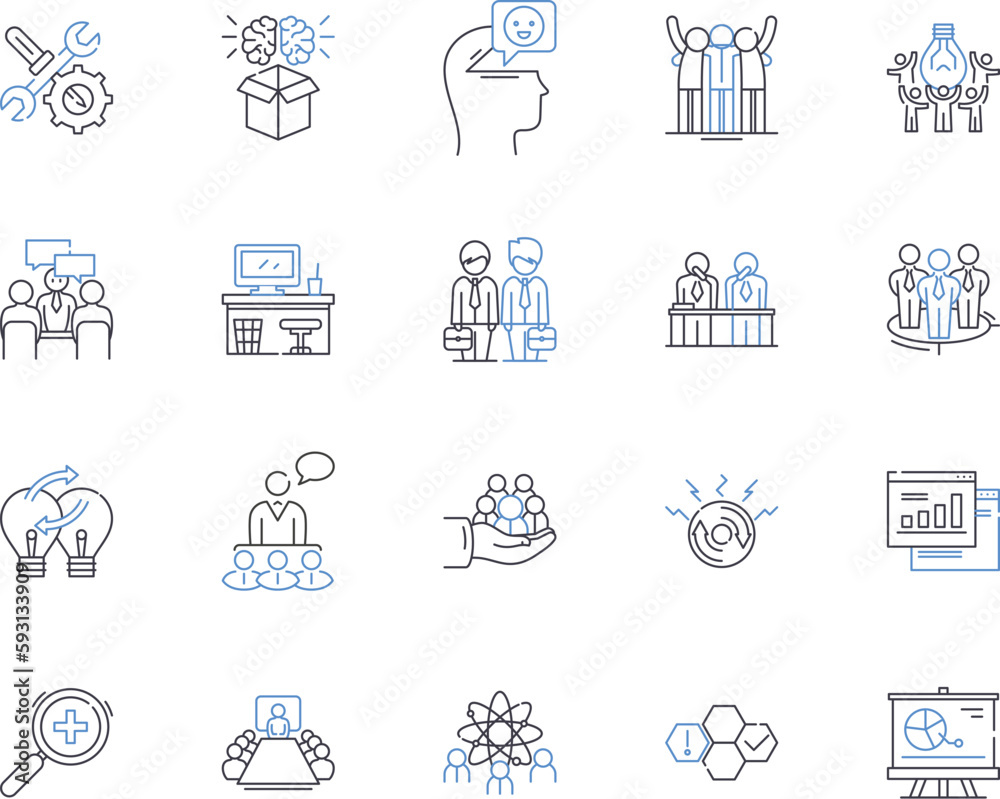 Department colleagues outline icons collection. Co-workers, Peers, Colleagues, Compatriots, Staff, Teammates, Associates vector and illustration concept set. Comrades, Friends, Members linear signs