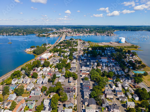 Aerial view of Salem Neck historic district, Danvers River, Beverly Harbor and Essex Bridge connecting Salem and Beverly in City of Salem, Massachusetts MA, USA. © Wangkun Jia