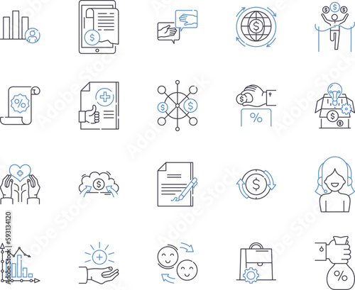 Financial Planning outline icons collection. Investing, Savings, Budgeting, Retirement, Insurance, Stocks, Bonds vector and illustration concept set. Annuities, Hedge Funds, Risk Management linear
